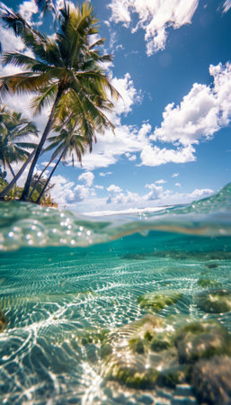 Tropical beach with palm trees and transparent turquoise waterの素材