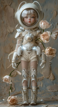 Doll in space suit and helmet with flowers on a light backgroundの素材