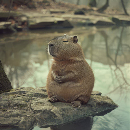 Capybara (Myocastor coypus) sitting on a rockの素材