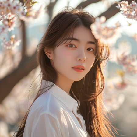 Portrait of a beautiful asian woman in blooming cherry gardenの素材