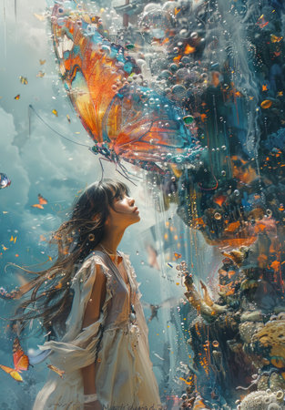 beautiful asian woman with a butterfly in the rain, colorful photoの素材