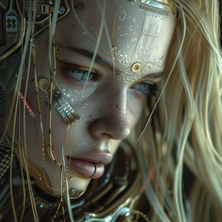 3D rendering of a female robot with long hair and futuristic makeupの素材