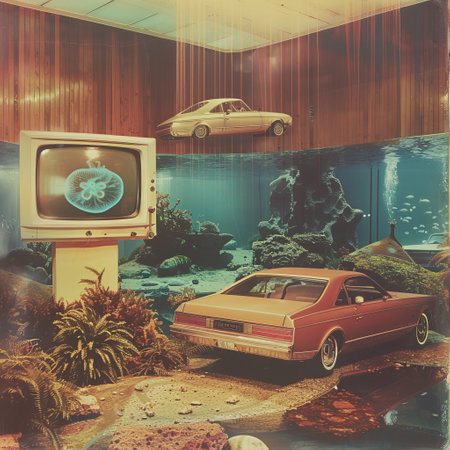 Vintage style image of an old television and a car in the aquariumの素材