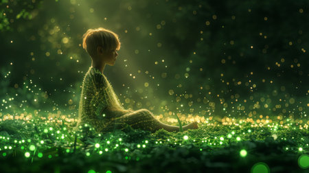 Little girl sitting on green grass in the forest with glowing bokehの素材