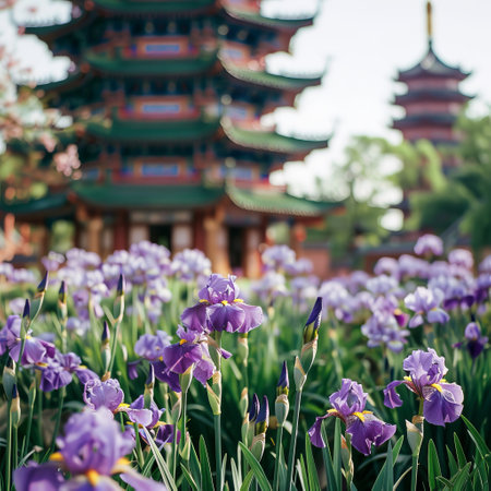 Iris flowers and pagoda in chinese garden at spring timeの素材