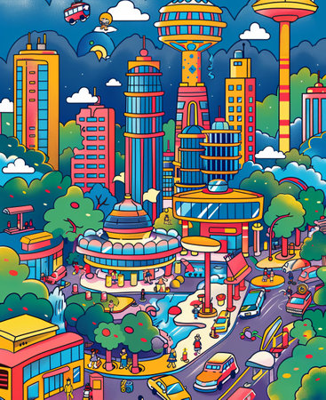 Cartoon city background with colorful houses and buildings. Vector illustration.の素材