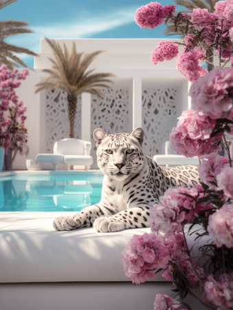 White leopard lying on a sofa beside a swimming pool with flowersの素材