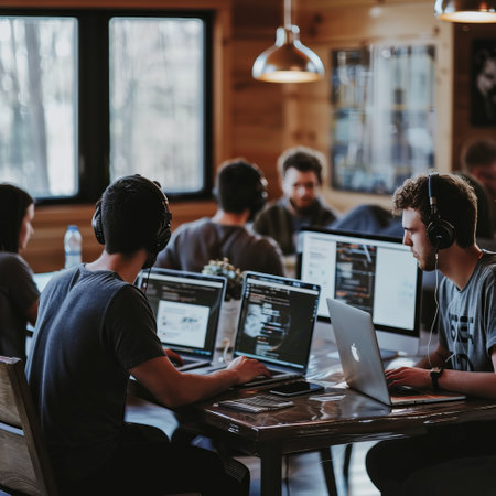 Group of young people in headphones working on computers in coworking space.の素材