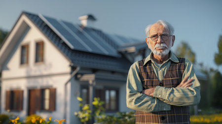 senior man standing with arms crossed in front of his new houseの素材