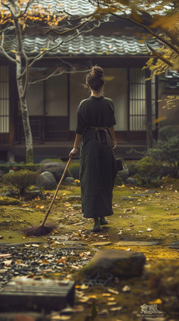 Japanese woman cleaning the garden with a broom in Kyoto, Japan.の素材