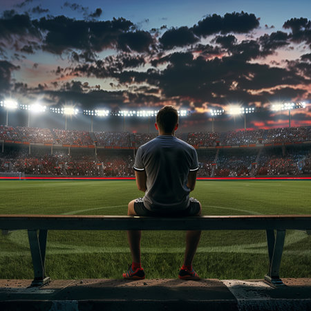 Soccer player sitting on a bench in front of the stadium at sunsetの素材