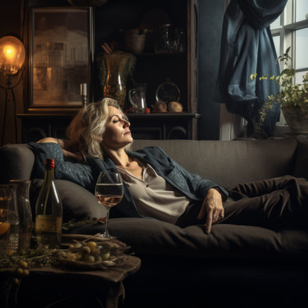 Young woman sitting on sofa at home, drinking wine and relaxing.の素材