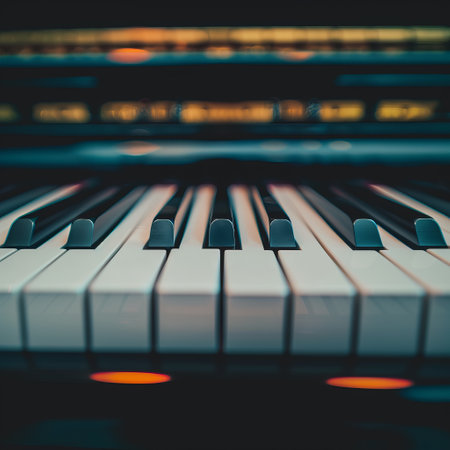 Piano keyboard close up. Musical instrument concept. Selective focus.の素材