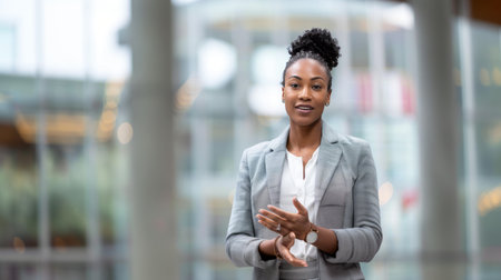 african american businesswoman applauding in office lobby at officeの素材