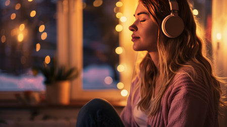 Young woman listening to music with headphones at home in the evening.の素材