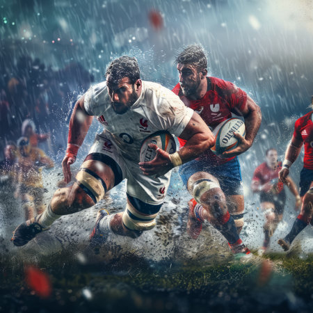 Rugby player in action with the ball in the rain.の素材