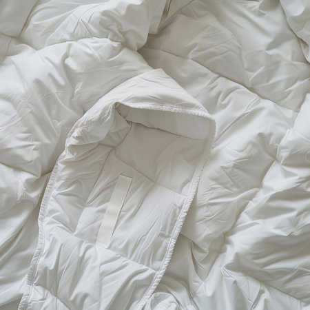 White jacket on the bed in the bedroom, top view, copy spaceの素材