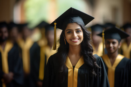 Portrait of happy female graduate in cap and gown looking at cameraの素材