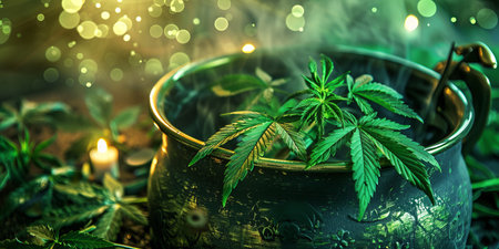 Cannabis leaves in a pot on the table. Green background. Medicinal indica with CBD.の素材