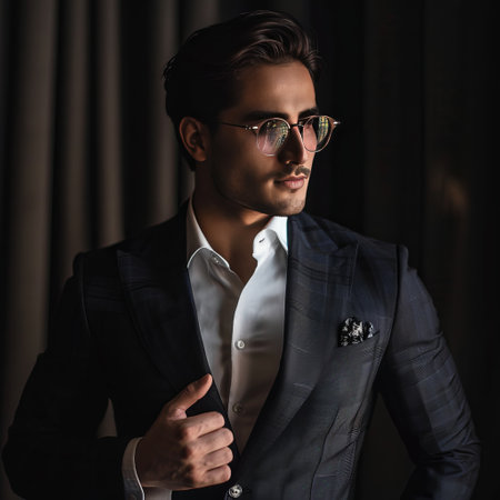 Portrait of a handsome young man in suit and glasses. Men's beauty, fashion.の素材