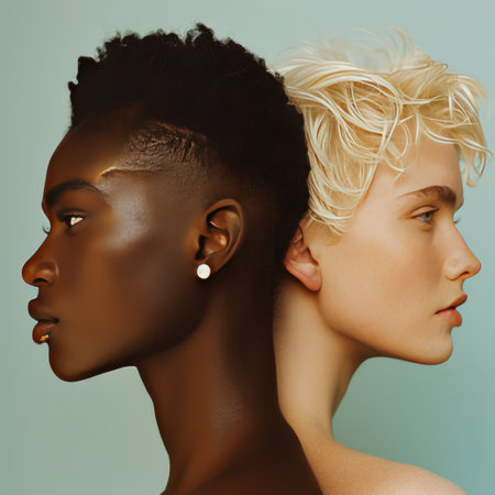 young pretty african american woman with blond hair and handsome afro man with earrings on grey backgroundの素材