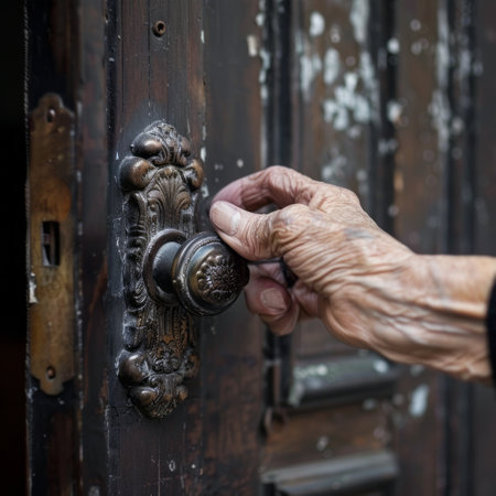 Old woman's hand holding a handle on an old wooden door.の素材