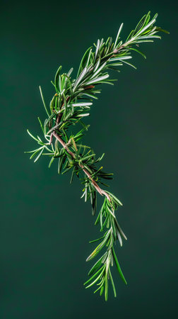 Rosemary twig on dark green background, close up, verticalの素材