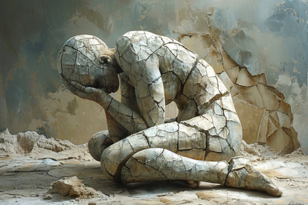 Sculpture of a man sitting on the ground. 3d renderingの素材