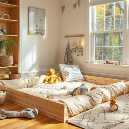 Interior of a children's room with a wooden bed and toysの素材