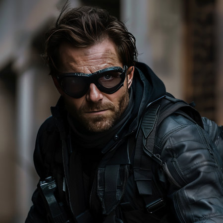 Portrait of a handsome brutal man in a black jacket and sunglassesの素材