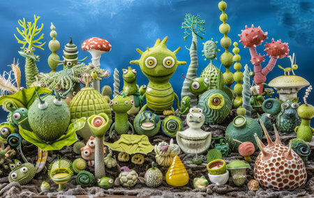 Fantasy alien world with plants, animals and other objects. 3d illustrationの素材