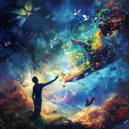 Man on the background of a fantasy landscape with butterflies and planets.の素材