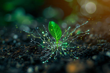 Green sprout growing from the soil with glowing microcircuit.の素材