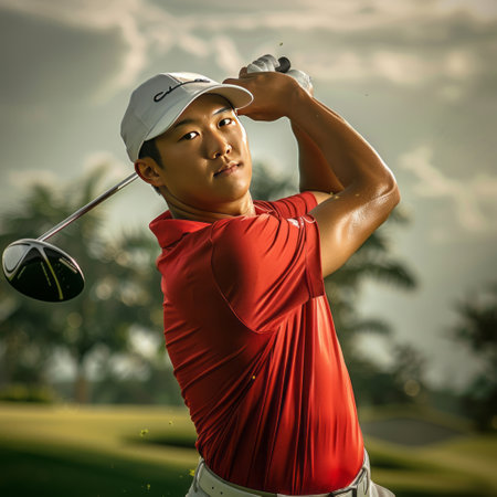 golf player in action at golf course with beautiful sunset in backgroundの素材