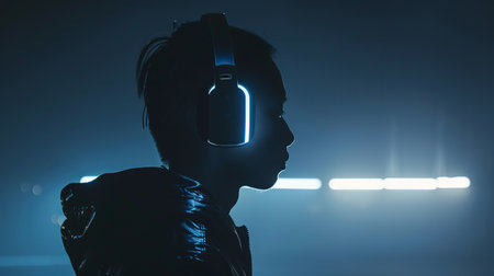 Portrait of young man in virtual reality headset. Neon light.の素材