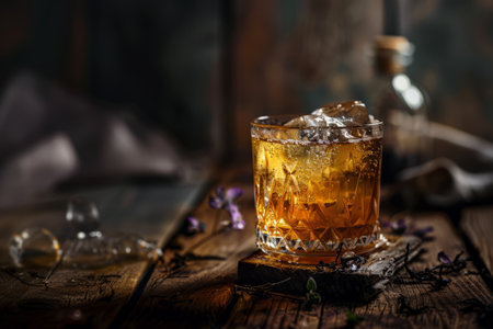 whiskey with ice on a wooden table, selective focus.の素材
