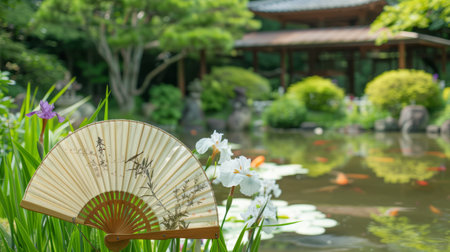 Beautiful Japanese garden with a lot of flowers and a bamboo fanの素材