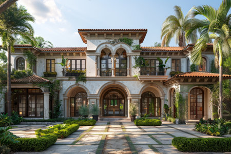 Exterior view of a luxury villa with palm trees in the backgroundの素材