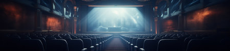 Empty cinema auditorium with rows of seats illuminated by spotlights. 3D renderingの素材
