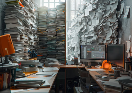 Messy office interior with piles of papers and computer monitors on deskの素材