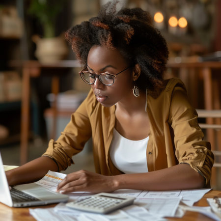 Portrait of young african american businesswoman working on laptop while sitting at cafeの素材
