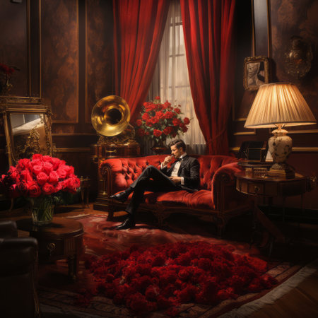 Young man sitting on a sofa and reading a book in a luxurious interiorの素材