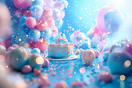 Birthday cake with pink and blue balloons and confetti on blue backgroundの素材