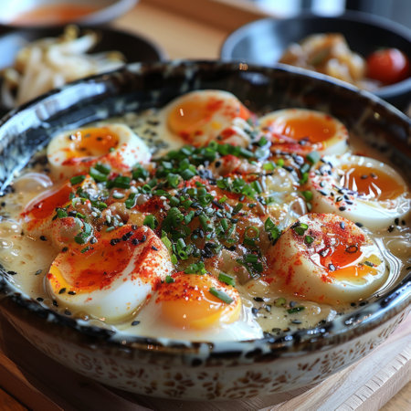Korean food, simmered egg with herbs in a bowlの素材