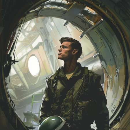 Portrait of an astronaut in a military uniform and helmet in an abandoned space station.の素材