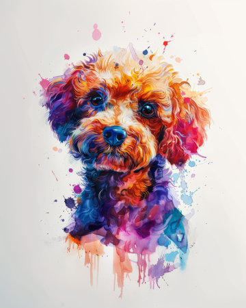 Poodle dog with watercolor splashes on a white background.の素材