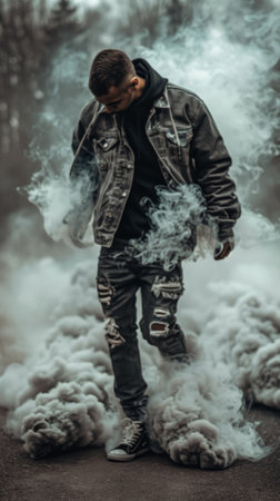 A man in a leather jacket and jeans smoke electronic cigarette on the street.の素材