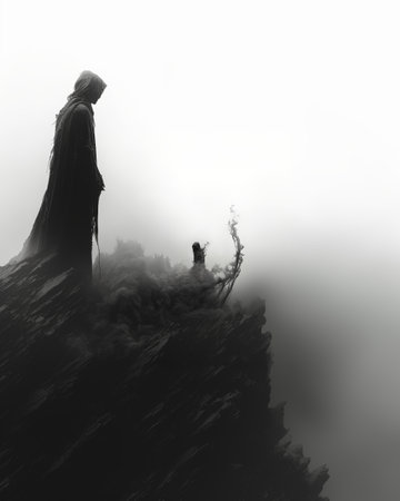Silhouette of a monk on top of a mountain in the fogの素材