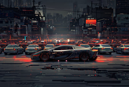3D rendering of a sports car in the city at night.の素材