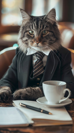 Cute cat in suit and tie with a cup of coffee.の素材